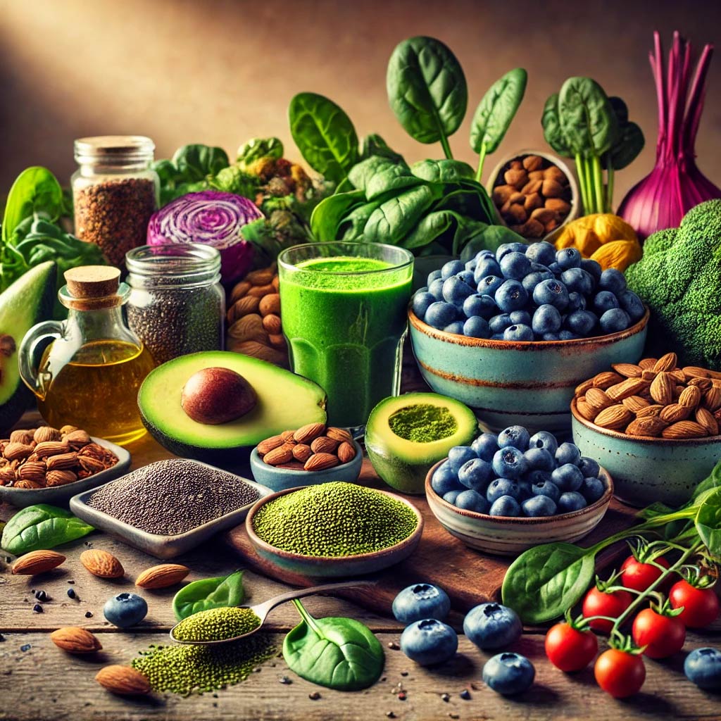 An assortment of energy-boosting superfoods, including blueberries, spinach, chia seeds, almonds, quinoa, avocado, and a bowl of matcha tea, beautifully arranged on a rustic wooden table with natural lighting highlighting their freshness.